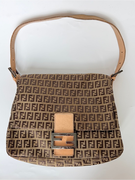 Fendi Handbags - Vintage Fendi Zucchino Mama Baguette Shoulder Bag with Tan Leather Trim